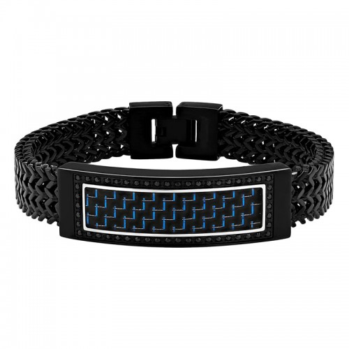 Stainless Steel w/ Black Cubic Zirconia Carbon Fiber ID Bracelet