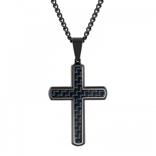 Stainless Steel Black & Blue Black & Blue Carbon Fiber Cross Pendant
