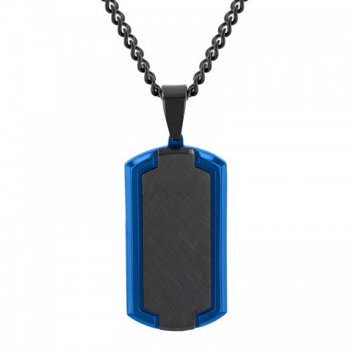 Stainless Steel Satin Finish Black and Blue Men's Dog Tag Necklace