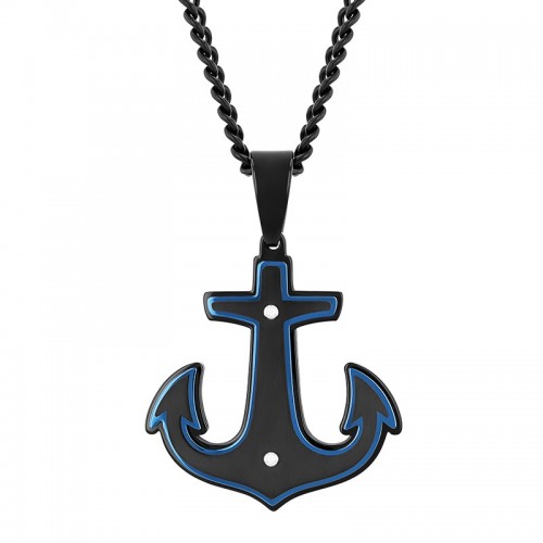 Stainless Steel W/ Black & Blue Finish Anchor Pendant