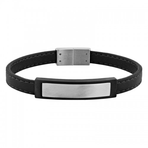 Stainless Steel Black & White Faux Leather ID Bracelet