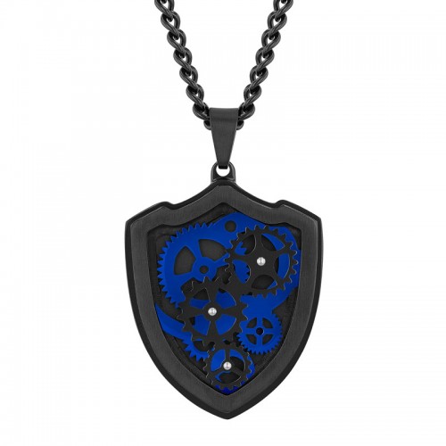 Men's Stainless Steel Black and Blue Gear Shield Pendant