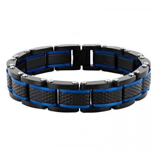 Stainless Steel Black & Blue Finish Textured Link Bracelet
