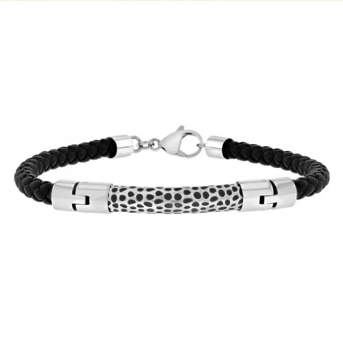 Stainless Steel Black & White Faux Leather Bracelet