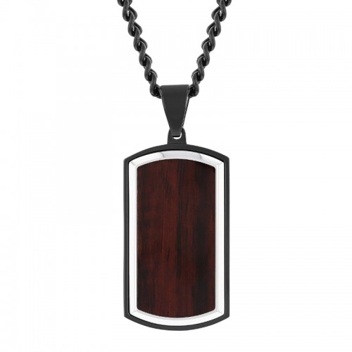 Stainless Steel Black Finish Wood Grain Carbon Fiber Inlay Dog Tag Pendant