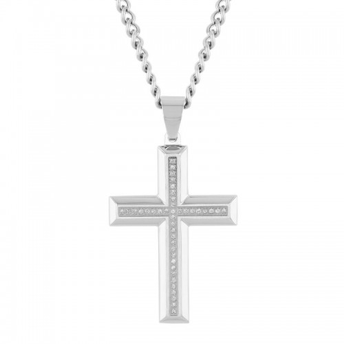 Squared Stainless Steel Cross Pendant with White Diamonds
