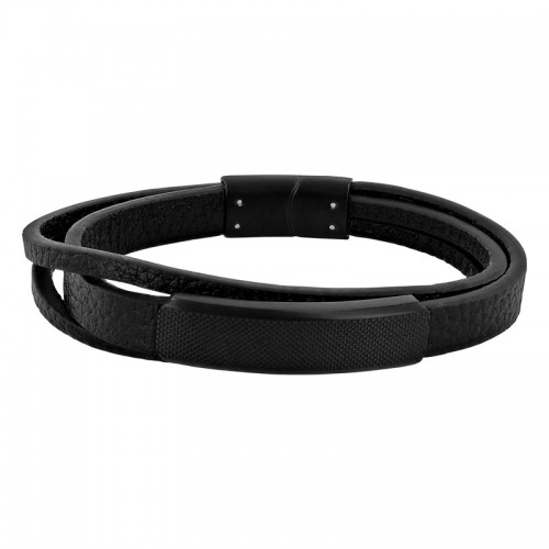 Stainless Steel w/ Black Finish Faux Leather Cuff Bracelet