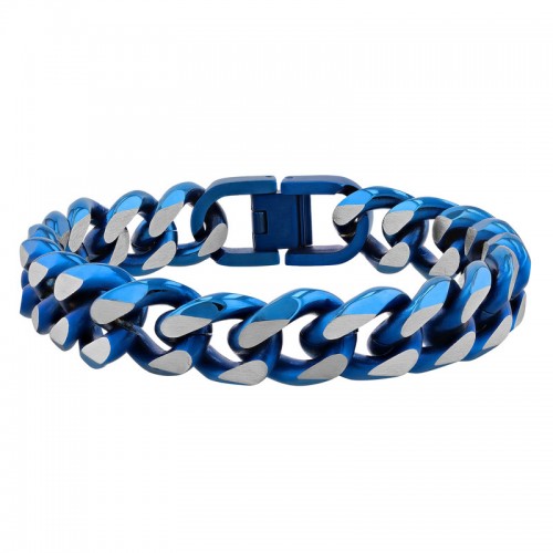 White and Blue Beveled Curb Link Men's Stainless Steel Bracelet