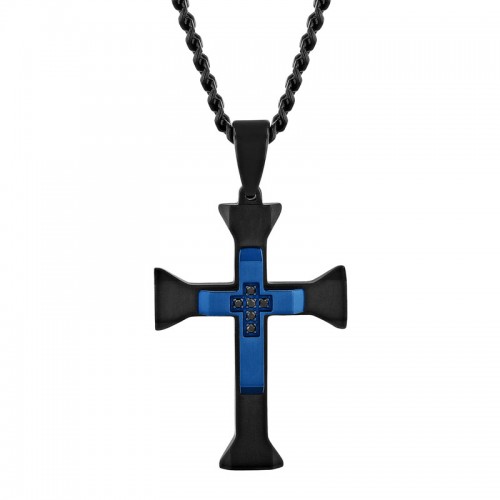 1/20 CTW Stainless Steel Black & Blue Black Diamond Cross Pendant