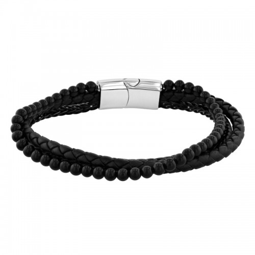 Stainless Steel Leather & Onyx Bead Bracelet