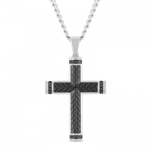 Stainless Steel Black and White IP Men's Diamond Cross Pendant
