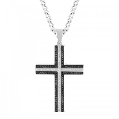 Black and White Stainless Steel and Sapphire Men's Diamond Cross Necklace
