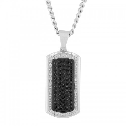 Black and White Stainless Steel Men's Diamond Dog Tage Necklace w/ Sapphires