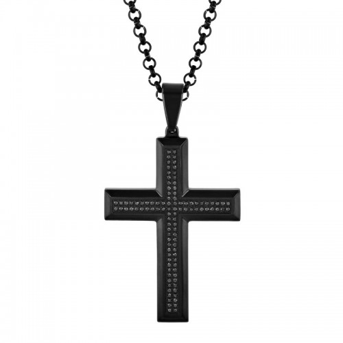 Black Finish Men's Diamond Cross Necklace w/ Black Diamonds