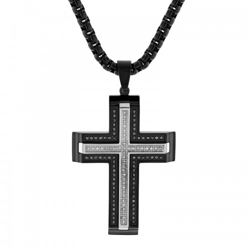 Black and White Stainless Steel Men's Diamond Cross Necklace