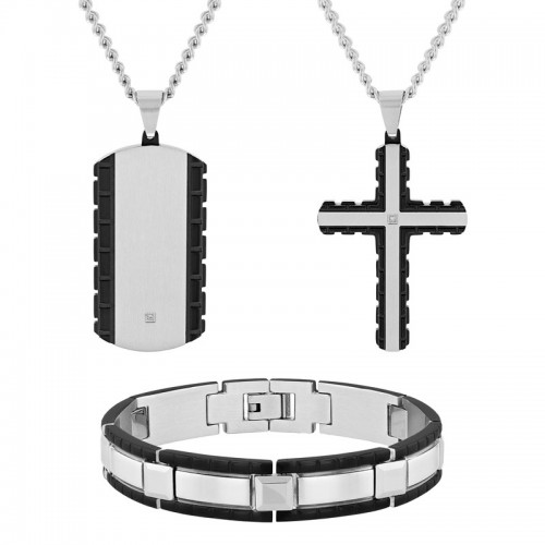 .02 CTW Stainless Steel and Tungsten Black & Blue Men's Diamond Cross Necklace, Dog Tag and Bracelet