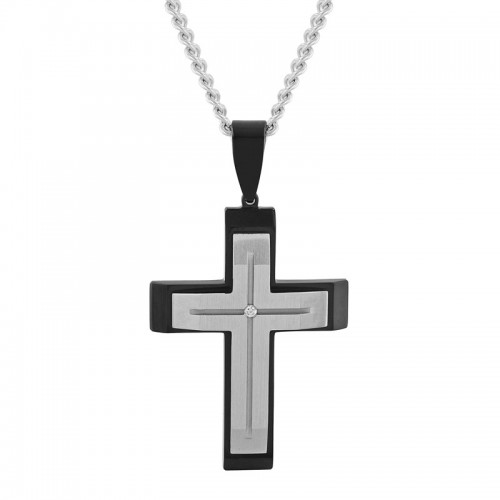 Stainless Steel Black and White IP Stacked Men's Diamond Cross Pendant