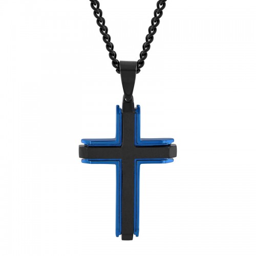 Stainless Steel Black and Blue Men's Cross Necklace