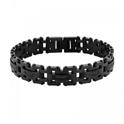 Wide Black Stainless Steel Link Bracelet with Black Diamonds