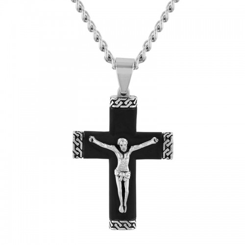 Men's Stainless Steel Black and White Crucifix Pendant