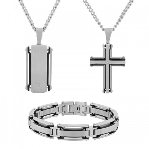 .02 CTW Stainless Steel Black & White Men's Diamond Cross Necklace, Dog Tag and Bracelet
