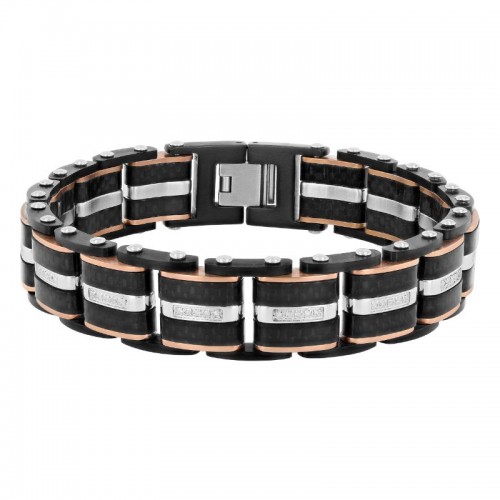 1/3CTW Diamond Black & Rose IP Stainless Steel with Black Forged Carbon Fiber Bracelet