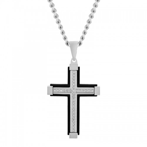 Raised White and Black Stainless Steel Cross Pendant with White Diamonds