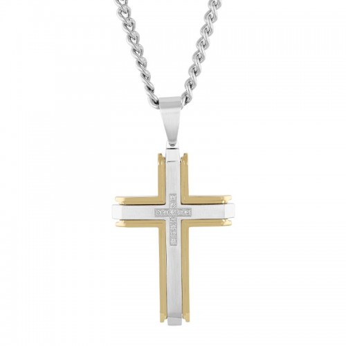 Beveled Raised Yellow and White Stainless Steel Cross Pendant with White Diamonds