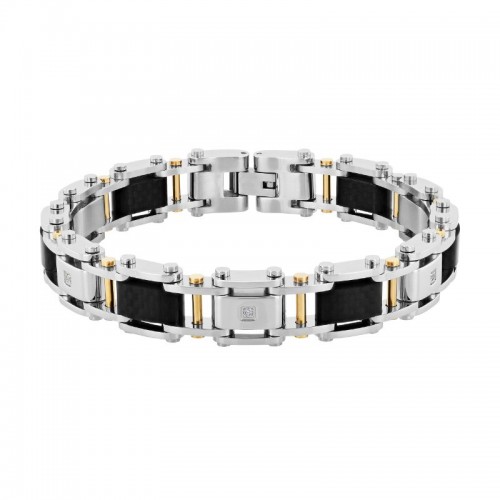 Yellow and white Stainless Steel Link Bracelet with Black Carbon Fiber and White Diamonds