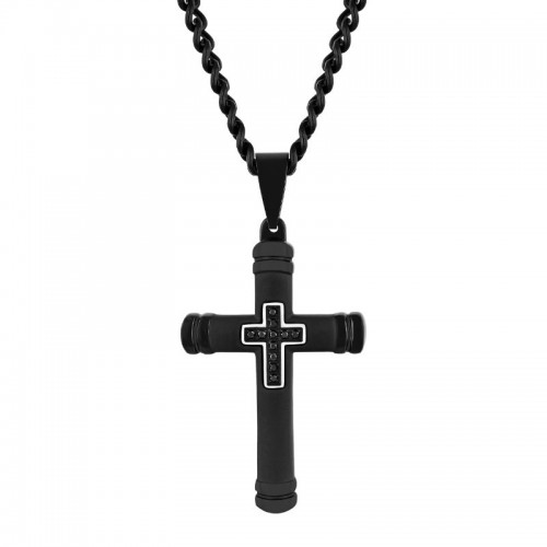 Black Stainless Steel Cross Pendant with Black Diamonds