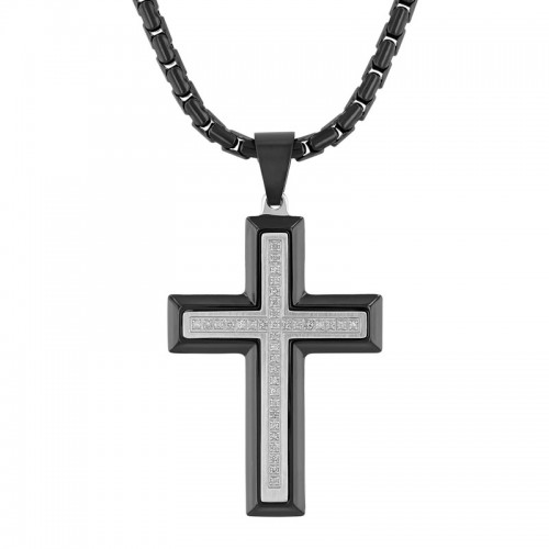 Black and White Stainless Steel Men's Diamond Cross Necklace