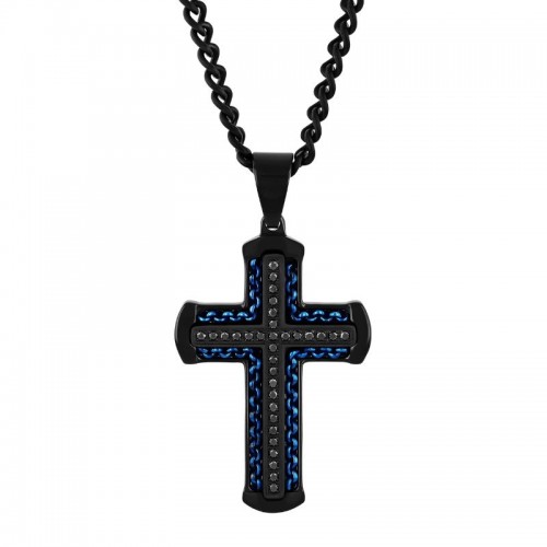 Black Stainless Steel Cross Pendant with outline of Blue Diamonds