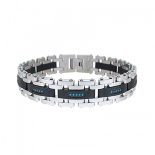 Stainless Steel and Black Link Bracelet with Blue Diamonds