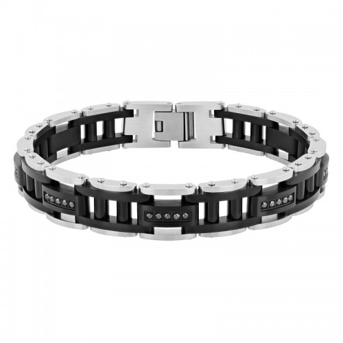 Black and White Men's Stainless Steel Bracelet w/ Black Diamonds