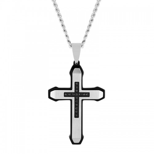 Rounded-Edge Stainless Steel Cross Pendant with Black Diamonds