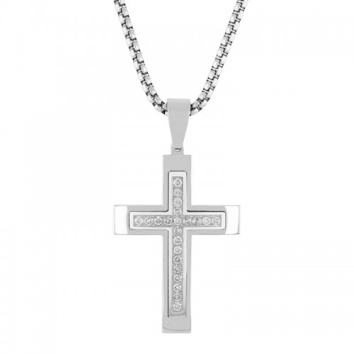 Stainless Steel Cross Pendant with Large White Diamonds