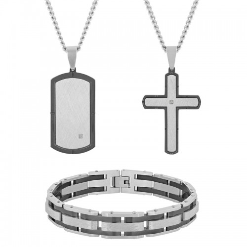 .02 CTW Stainless Steel Black & White Diamond Cross, Dog Tag & Bracelet Set