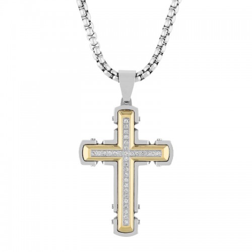 Riveted Yellow and white Stainless Steel Cross Pendant with White Diamonds