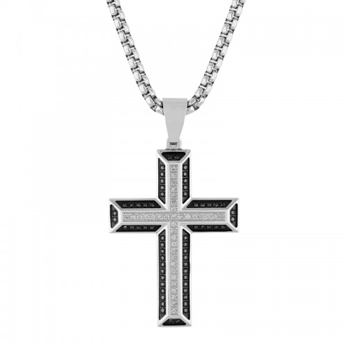 White and Black Stainless Steel Cross Pendant with White Diamonds and Black Diamonds