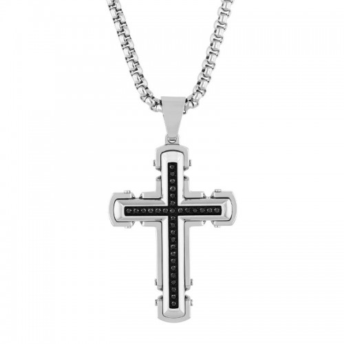 Riveted Stainless Steel Cross Pendant with Black Diamonds