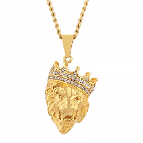 Stainless Steel w/ Yellow Finish Crystal Lion Pendant
