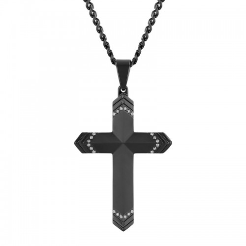 Black Stainless Steel Men's Diamond Cross Necklace
