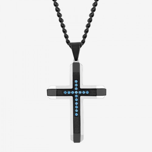 White and Black Stainless Steel Cross Pendant with Blue Diamonds