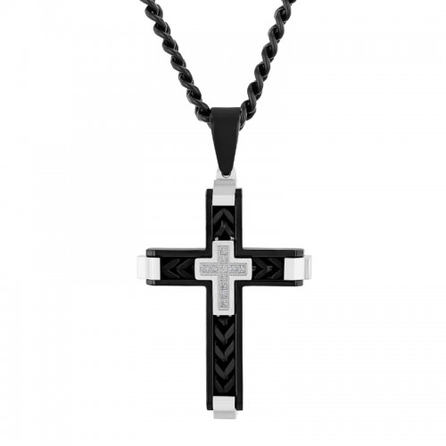 .07Ctw Stainless Steel Diamond Black Finish Cross Pendant