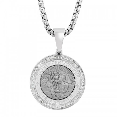 Stainless Steel and Diamond Men's St. Christopher Necklace