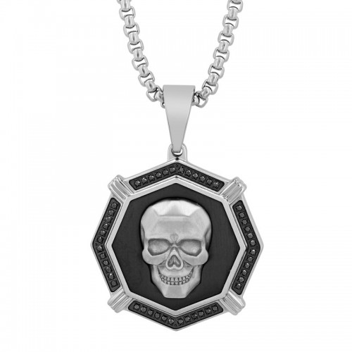 Men's Stainless Steel and Black Diamond Skull Pendant