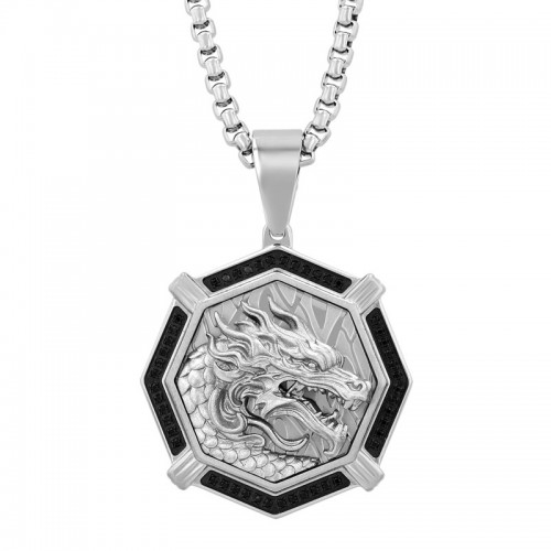 Men's Stainless Steel and Black Diamond Dragon Pendant