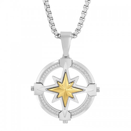 Men's Stainless Steel Diamond Compass Necklace