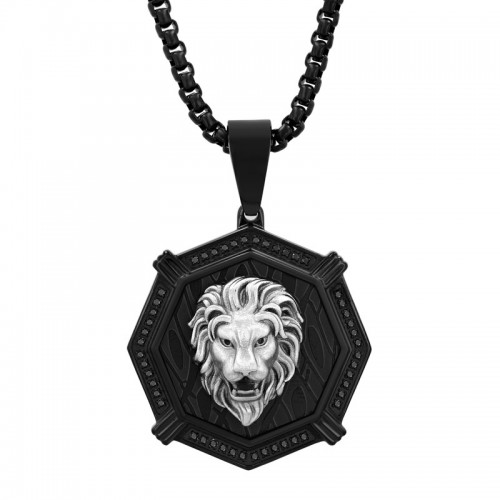 Men's Stainless Steel and Black Diamond Lion Pendant