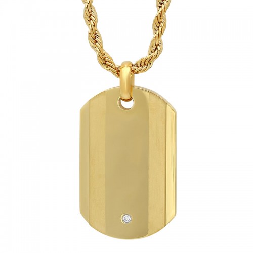 Stainless Steel Yellow Finish Cubic Zirconia Dog Tag Pendant